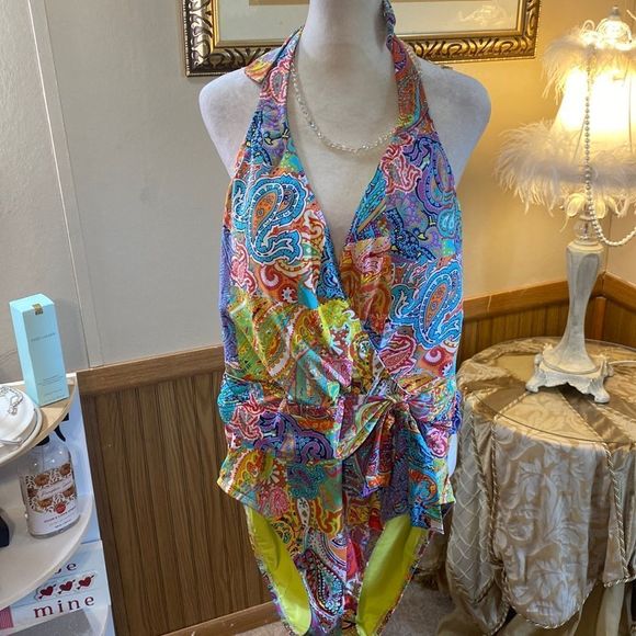 NWT BL blue/rod Beattie bright lime green multicolored size 12 one pc swimsuit - Picture 1 of 11